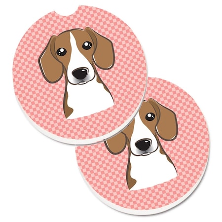 Carolines Treasures Checkerboard Pink Beagle Set of 2 Cup Holder Car Coaster BB1239CARC